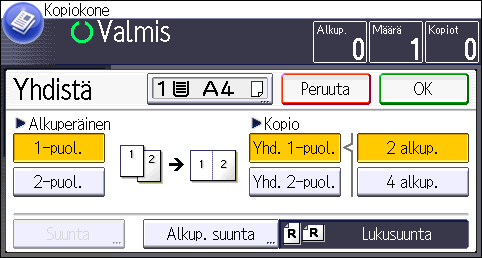 3. Kopiointi 4. Paina [Yhd. 2-puol.]. 5. Paina [Suunta]. 6. Valitse [Alkuperäinen]- ja/tai [Kopio]-asetukseksi [Pitkä sivu] tai [Lyhyt sivu].