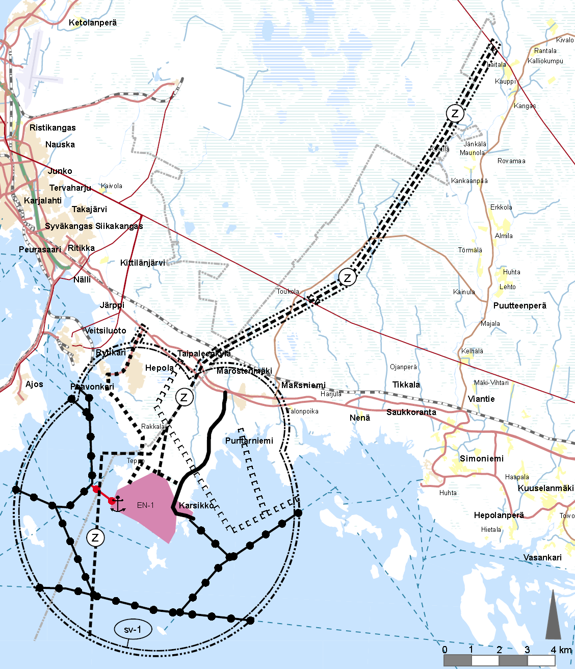 15 Ohjeellinen/vaihtoehtoinen yhdystie (voimalaitos-hepola-valtatie 4) Moottorikelkkailureitit (suunnittelualueen itäpuolelta kohti Hepolaa ja Maksniemeä/ Puntarniemeä suuntautuvat reitit, 110 kv:n