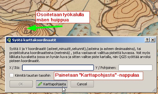 Osoitetaan työkalulla skannatulta kartalta kohtaa, joka on helppo paikantaa tarkasti sekä siitä että vertailukartalta.