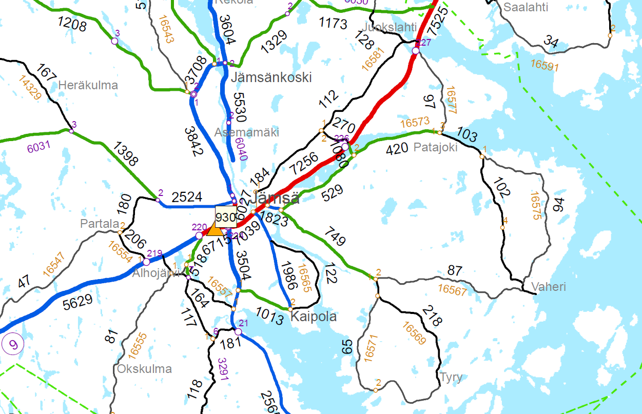 Liikennemääräkartta 2011. Vuoden keskimääräinen ajoneuvoliikenne (ajon./vrk). Elinkeino-, liikenne- ja ympäristökeskus, Keski-Suomi.