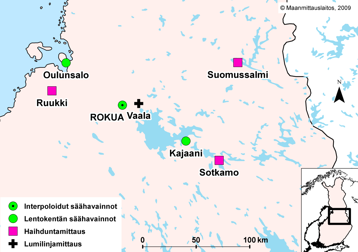 Kuva 22. Säähavaintopaikat sekä haihdunta- ja lumilinjamittauspaikat.