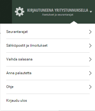 8 1. Asetukset ja seurantarajat Oikean yläkulman valikosta löydät mm. linkin salasanan vaihtamiseen samoin kuin uutiskirjetilaukset sekä palautepostin. Myös palvelun seurantarajat löytyvät täältä.