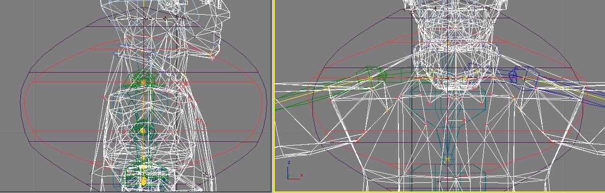 52 9/15 Kuva 19. Virtuaalihahmon kaulan Envelopit. 5. Niskan luu kääntyy aina pään kanssa. kuvan asettelu on riittävä realistisen niskan liikkeen aikaansaamiseksi. Tässä kuvassa (Bip01 Neck) Kuva 20.