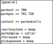 56 7.1 Call park Call park -toiminnon asentaminen vaati muutoksia tiedostoihin extensions.conf ja features.conf. Ensimmäiseksi extensions.