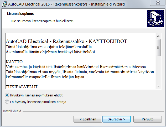 Asennus Tämä päivityspaketti tukee AutoCAD Electrical 2015 -version uutta tietokantaa missä taulukoihin on lisätty sarakkeet 2D ja 3D -symbolien linkittämistä varten.