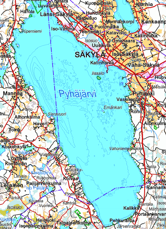 11 Kuva 1. Säkylän Pyhäjärven kartta (Lähde: Paikkatietoikkuna, tulostettu 6.10.2014, aineistot: peruskarttarasteri & järvien syvyysaineisto).