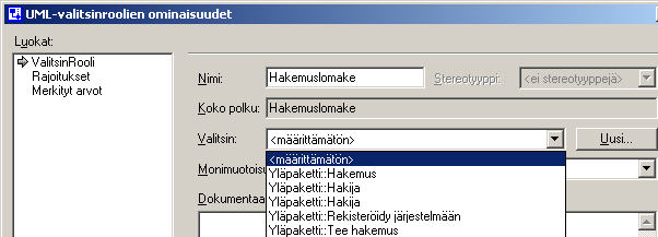 Aktivoi UML-sarja Raahaa Olion elinkaari muoto työalueelle Nimeä Olio ja määritä halutessasi