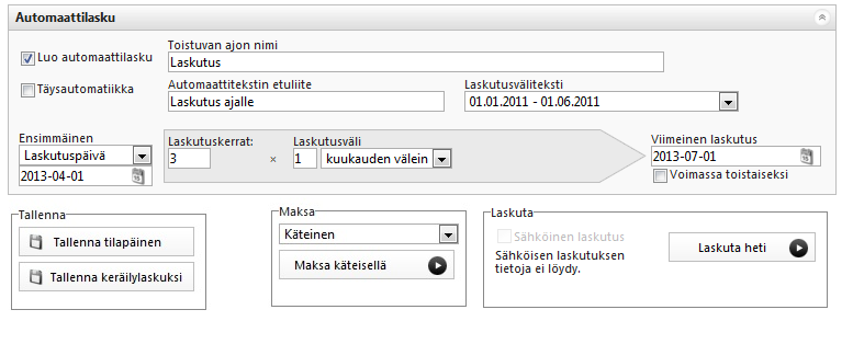 AUTOMAATTILASKUTUS Automaattilasku on nimensä mukaisesti lasku, joka luodaan automaattisesti tietyin väliajoin. Uusi automaattilasku luodaan seuraavasti.