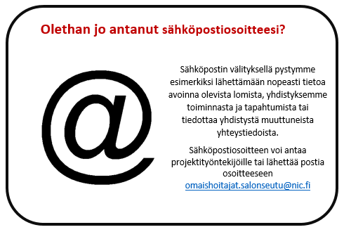 Muistiopintopiiri Omaishoitokeskuksella 26.2. klo 15 16.30 23.4. klo 14 15.30 Muistisairaudet Työikäisten muistisairauksista 26.3. klo 14 15.30 Muistisairaan kohtaaminen Arkea tukevat asiat Muistisairaan hoitopolku Salossa Kuntoutus 28.