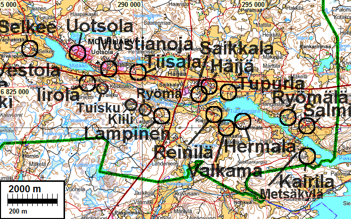 4 Tiestön projisoinnissa käytetyt isojakokartat on selostettu ja niistä on kuvat v. 2009 raportissa. Käytetyt kartat ovat: Kylä vuosi tekijä signum Hermala 1791-2 H.