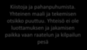 Oma toiminta, lainsäädäntö ja pelisäännöt eivät kohtaa. Toimeenpano takkuaa. Ei tehdä oikeita asioita oikeaan aikaan oikeaa määrää Kiistoja ja pahanpuhumista.