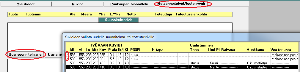 51 3 Tuotteiden valinta LIITE 7(4). Metsäpalveluiden myyntiharjoitus Seuraavaksi katsomme, mitä hoitotoimenpiteitä ja uudistusmenetelmiä metsäsuunnittelija on ehdottanut kaupan kuvioille.