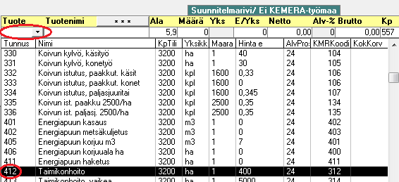 52 LIITE 7(5). Metsäpalveluiden myyntiharjoitus Nyt eteesi aukeaa uusi suunnitelmarivi, jossa on molempien kuvioiden pinta-ala yhteenlaskettuna (0,4 + 5,5 = 5,9 ha).