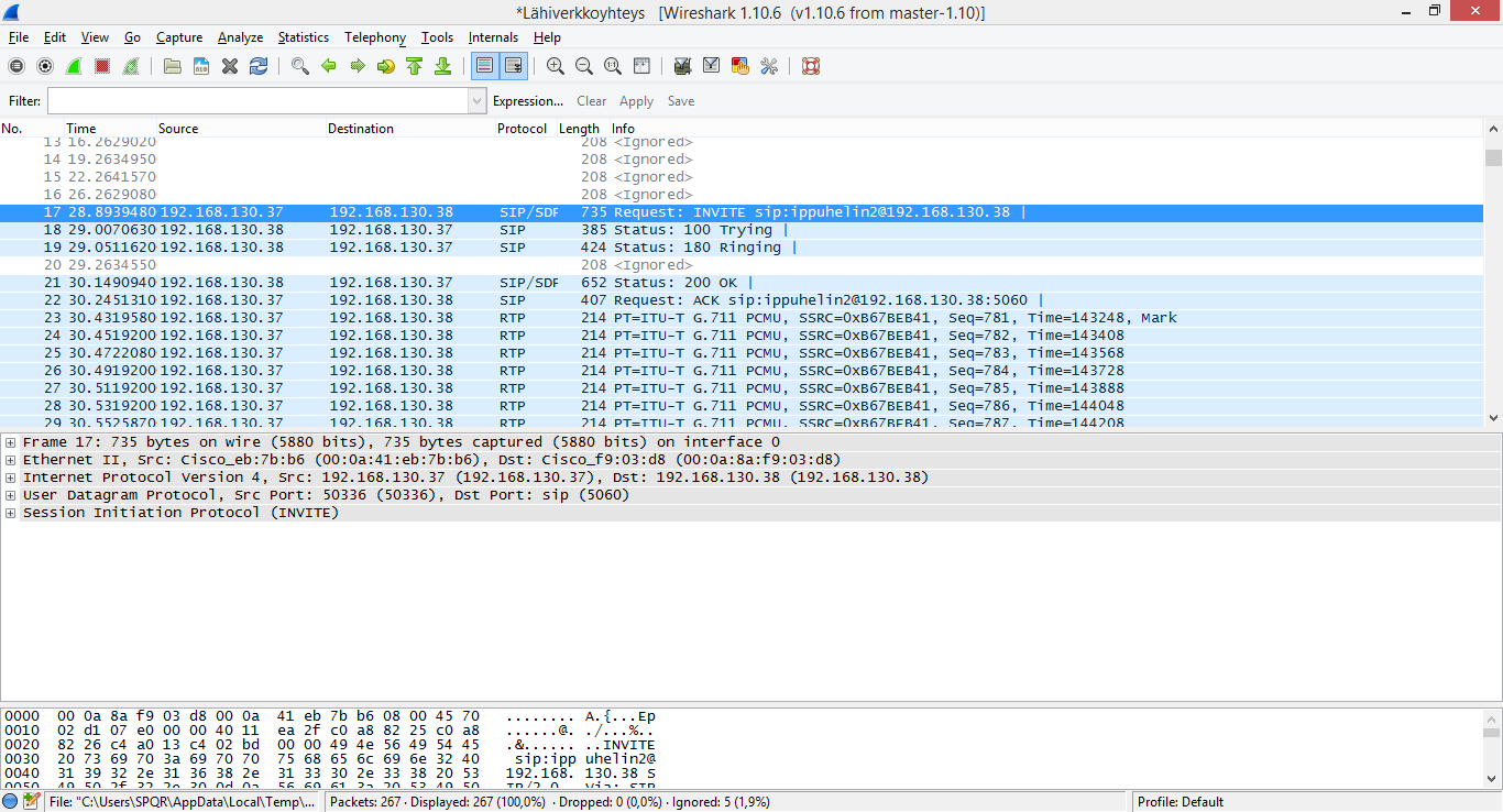 41 KUVA 11. Wireshark ohjelmalla kaapattua verkkoliikennettä. 7.