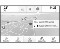 Navigointi 63 Nyt ajettavan reitin nimi näkyy näytössä. Seuraava käännös ilmaistaan nuolisymbolilla. Etäisyys seuraavaan käännökseen näkyy näytössä.