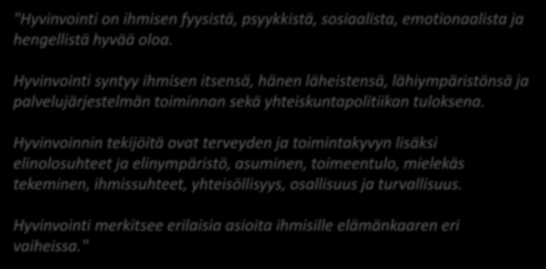 Hyvinvointi "Hyvinvointi on ihmisen fyysistä, psyykkistä, sosiaalista, emotionaalista ja hengellistä hyvää oloa.