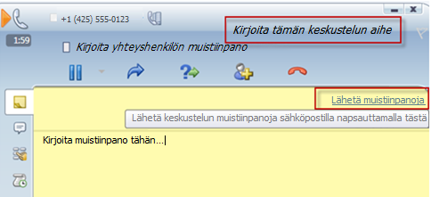 Lync Attendant käyttöohje 9 (12) Muistiinpanojen tekeminen puhelun aikana Voit tehdä muistiinpanoja puhelun aikana ja lähettää keskustelun muistiinpanot sähköpostitse. 1.