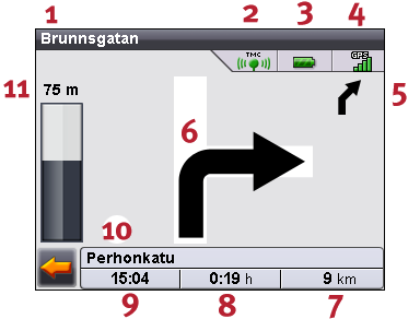 - 18-2.5 Näkymä Reittiohjauksen aikana voit valita eri näkymistä: 2.5.1 2D-kartta tai 3D-kartta Tästä voit nopeasti siirtyä 2D-kartasta 3D-karttaan ja päinvastoin.