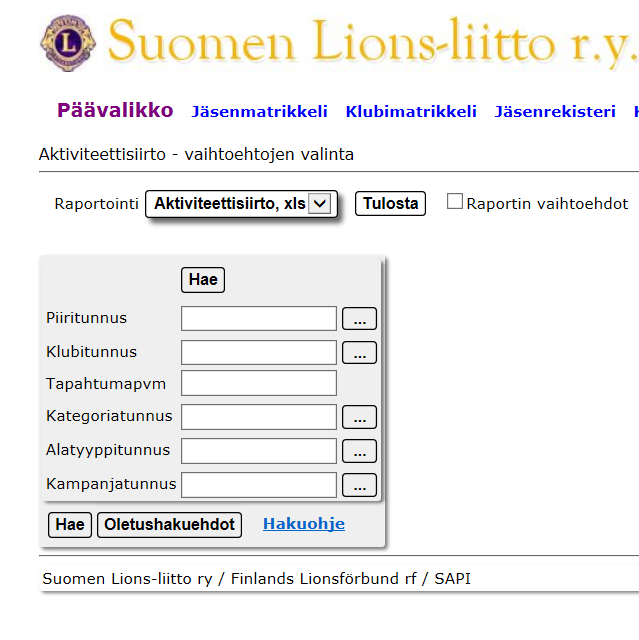 12 Raportin haussa on mahdollisuus rajata tuloksia piirin, klubin, tapahtumapv:n, kategoriatunnuksen, alatyypin ja kampanjatunnuksen mukaan.