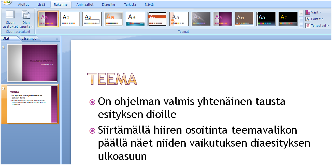 Kaavio SmartArt Kuva ClipArt Medialeike Valintapainikkeet, jonka kautta kohde lisätään Tekstirakenteessa on oletuksena käytössä luettelomerkit. Luettelomerkit voidaan poistaa tarvittaessa.