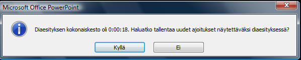 9. Diaesityksen määrittely 2. Puhujan pitämä esitys Diaesityksen voi aloittaa esim. Diaesitys-välilehden Alusta-painikkeesta.