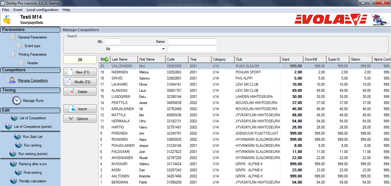 31 Poistetaan kilpailijat, jotka eivät ole ilmoittautuneet Valitaan Options -> Delete Competitors Filter välilehti aukeaa, jossa valitaan perusteeksi Bib.