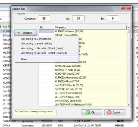 32 Tämän jälkeen poistetaan kilpailijoille annetut väliaikaset numerot Valitaan Options ->Assign Bibs Avautuu näkymä. Vahvista poisto valitsemalla YES. Lopuksi paina OK.