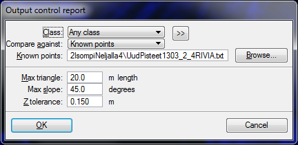 Control Report -työkalu laski korkeuseroja maksimaalisen kaltevuuskulman alapuolelta. Z- toleranssina käytettiin 0,150 m.