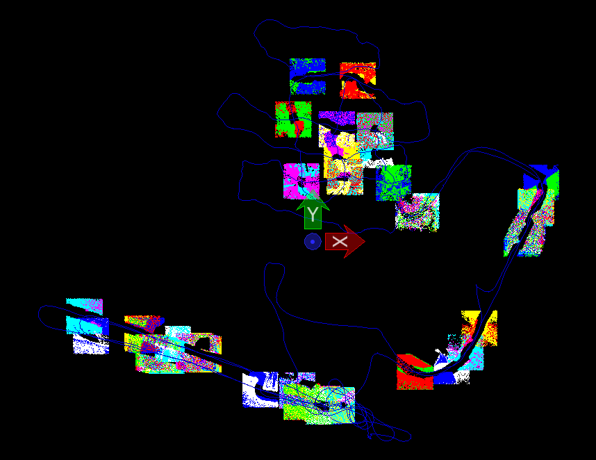 Kuva 8. Kuvankaappaus TerraScan-ohjelmasta. Kuvaan on merkitty sinisellä värillä PLSkeilaimella kuljettu laskennallinen reitti eli trajektori.