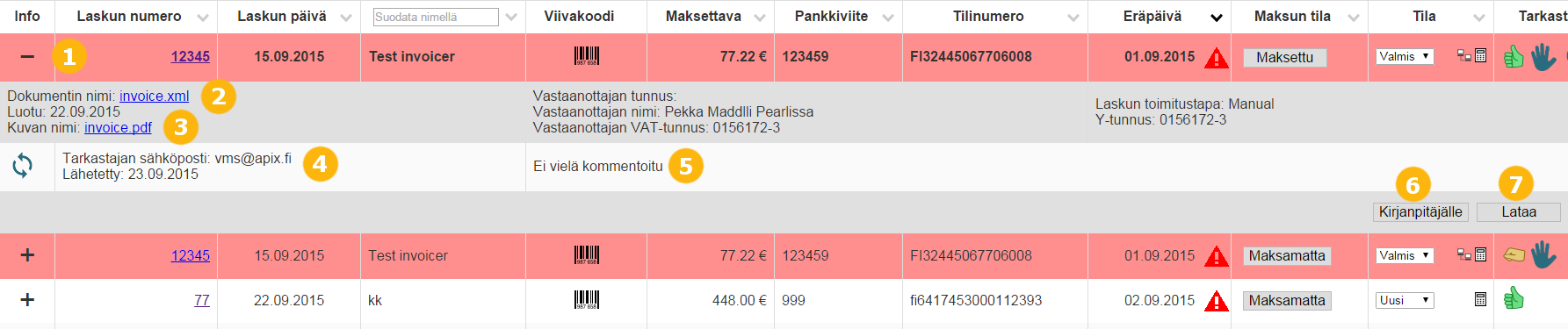 6 Ikonien selitykset Vastaanota+ -palvelussa on käytössä erilaisia ikoneita selkeyttässä laskun tilannetta. Laskun eräpäivä on jo mennyt. Laskun eräpäivä on lähestymässä. Lasku on haettu.