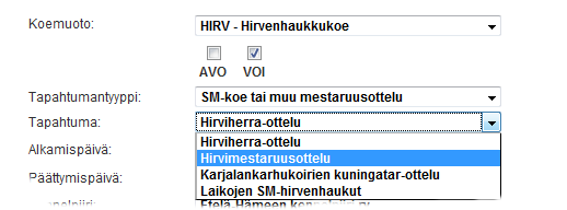 Suomen Kennelliitto ry. 13.5.2014 5(15) Koemuodon ja tapahtuman tyypin valinta Koemuotovalinnan perusteella tulevat näytölle luokat sekä tyypit. Ne perustuvat Suomen Kennelliiton ohjaustietoihin.