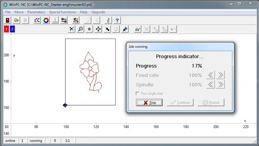 Kone siirtyy kappaleen 0-pisteeseen X = 0.000 and Y = 0.