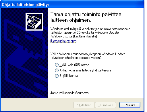 Ajurin asentaminen XP:hen Tämä on yleinen ohje sille, miten asennetaan puuttuva ajuri XP:hen sen jälkeen, kun se on ensiksi noudettu valmistajan sivuilta.