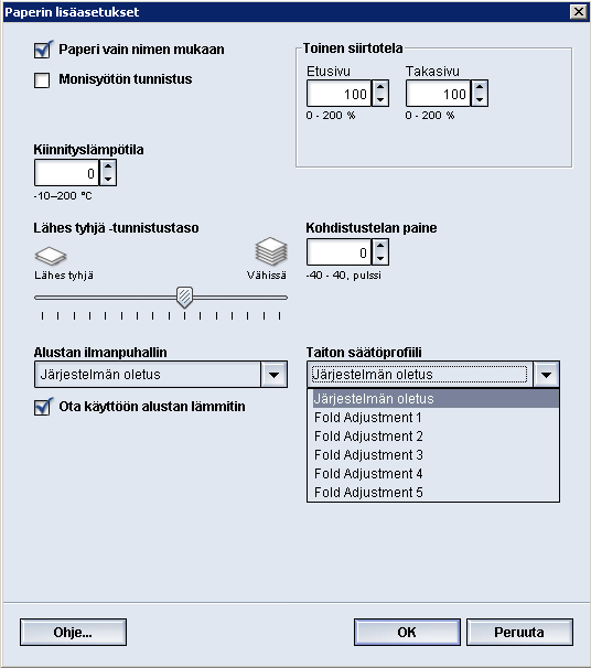 Paperin lisäasetukset Oletusasetus on 0. Suosittelemme, että jätät tämän asetuksen oletustilaan siksi, kunnes olet tulostanut testitulosteet ja arvioinut tulosteiden laadun.