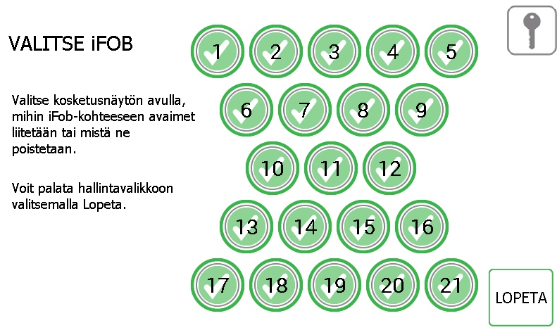 2. Näkyviin tulee yleiskatsaus, jossa kerrotaan, kuinka ifobiin lisätään avaimia. Lue ohjeet ja paina jatka painiketta. 3. Valitse haluamasi ifob kosketusnäytöltä. 4.