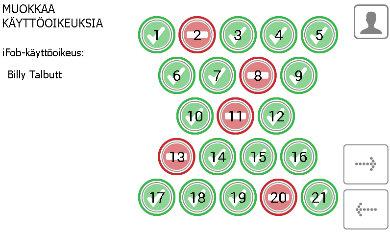 2. Näkyviin tulee luettelo nykyisistä käyttäjistä. Valitse haluttu käyttäjä ja paina jatkopainiketta. 3. Näkyviin tulevat käyttäjän etu- ja sukunimi, yhteystiedot ja PIN-koodi.