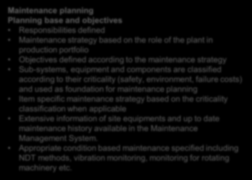 TOPGen requirements: Maintenance (sample) People TOPGen process structure Leadership Recruitment Training and development Communication Requirements Sub-processes Maintenance planning Work planning