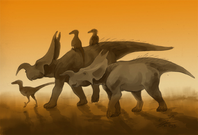 Kuva 13: Ensimmäinen tekemäni konseptipiirros Troodoneista ja Einiosauruksista yhdessä. 3.3 Einiosaurus 11 Einiosaurus oli sen sijaan haastavampi suunniteltava.