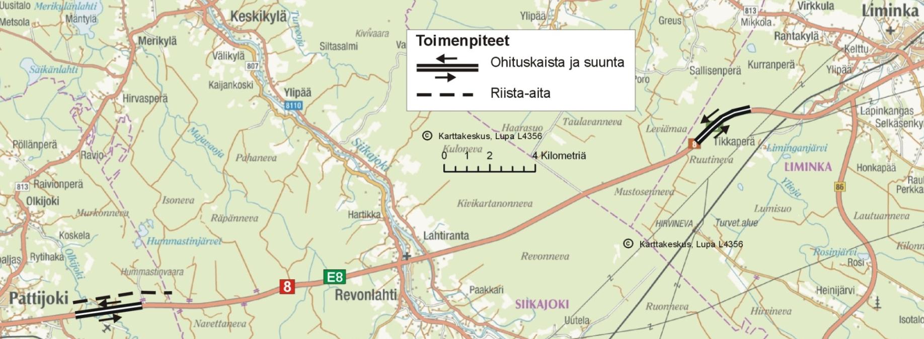 Valtatien 8 liikenteen sujuvuuden parantaminen Kohde Toimenpide M Väli Pattijoki Keskikaiteellinen ohituskaistapari kohdakkain (2+2 4,1 Revonlahti tiejakso), sisältää