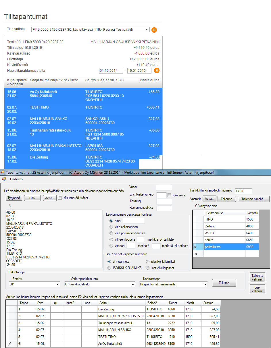 Lisäksi löytyy tulkinnat mm. XML-, Amex-, Eurocard-, Mastercard-, PayPal- ja Finvoice-aineistoille.