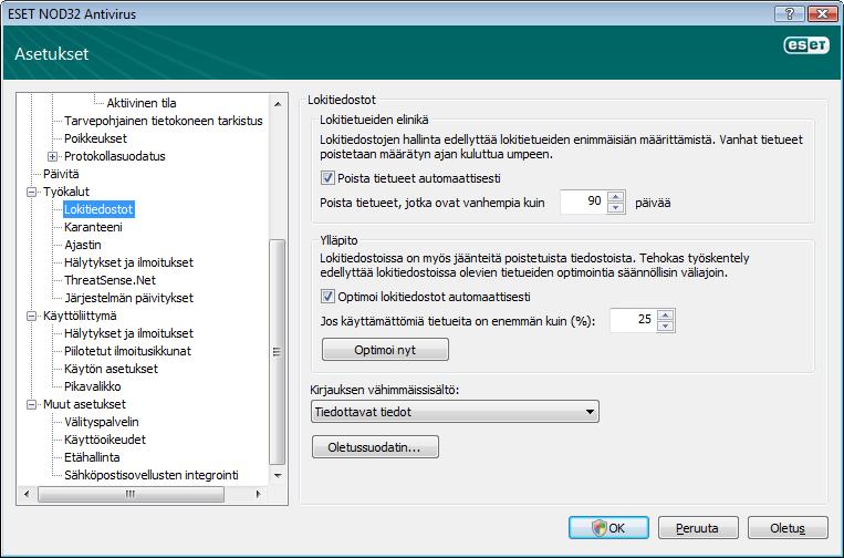 4.5.1 Lokin ylläpito ESET NOD32 Antivirus -ohjelman lokiasetukset voidaan avata pääohjelmanäytöstä. Valitse Asetukset > Avaa koko lisäasetuspuu > Työkalut > Lokitiedostot.
