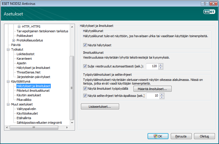 ESET NOD32 Antivirus -näytön yläosassa on vakiovalikko, joka voidaan ottaa käyttöön tai poistaa käytöstä Käytä vakiovalikkoa -asetuksen mukaisesti.
