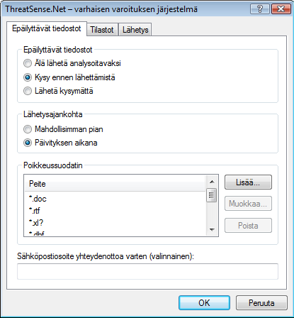 Voit määrittää ThreatSense.Net varhaisen varoituksen järjestelmän siten, että se lähettää nimettömiä tietoja uusista uhista ja uusien uhkaavien koodien esiintymispaikasta yhdessä tiedostossa.