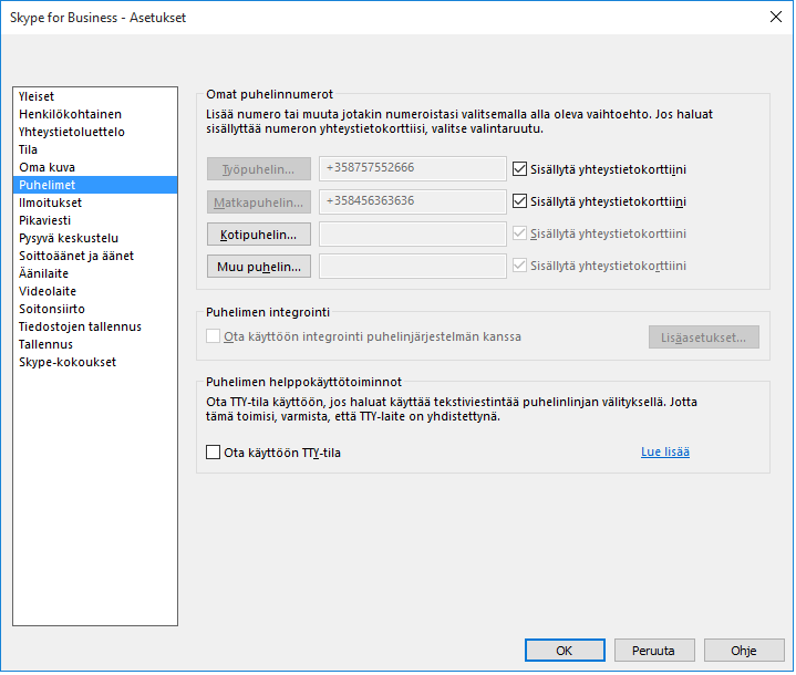 Puhelimet Puhelinnumeroiden lisääminen ja muuttaminen Puhelinnumerot näkyvät yhteystietokortissa. Ne näkyvät Skype for Business-yhteystiedoille yhteyshenkilön tietosuojatason mukaan. 1.