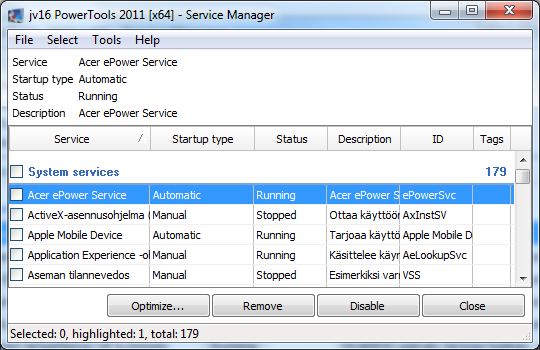 Järjestelmäpalvelut Järjestelmäpalvelut-työkalu täydentää Windowsin omaa vastaavaa työkalua.