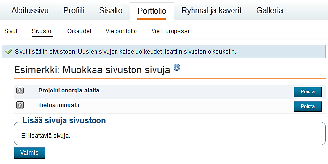 Lisätyt sivu siirretään sopivaan järjestykseen Portfolion sivut siirretään haluttuun järjestykseen sivun nimen