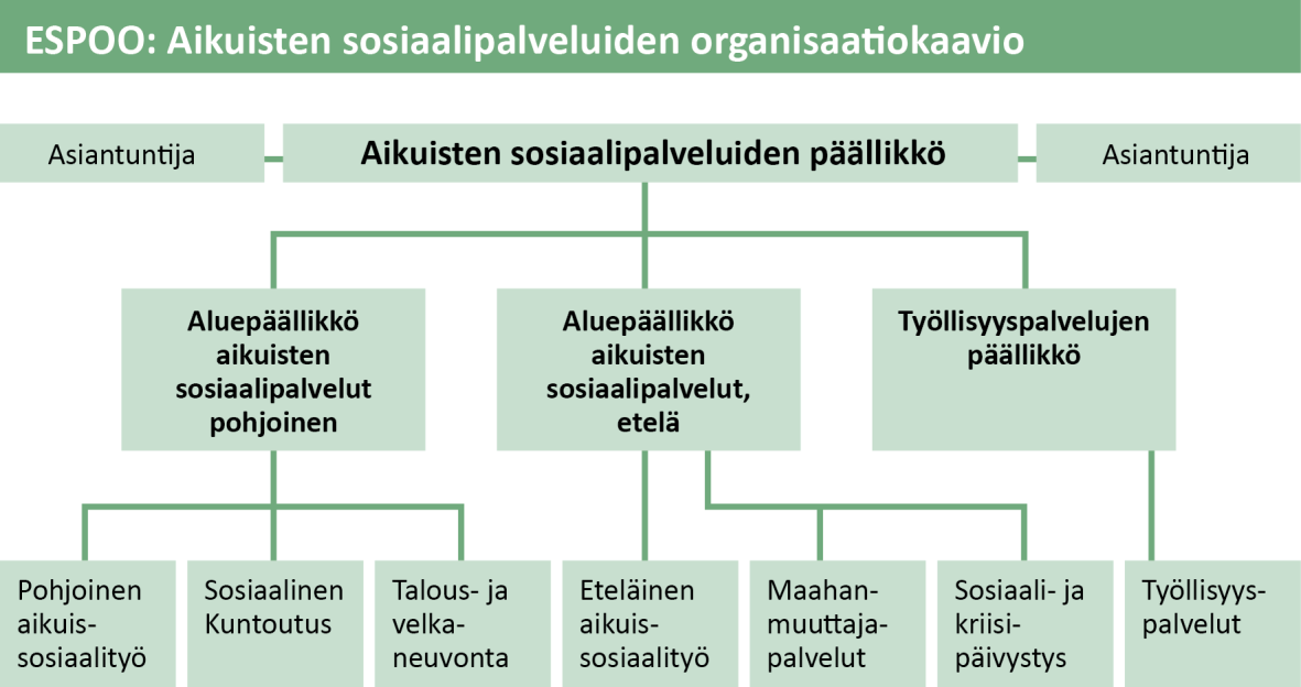 Espoo Aikuissosiaalityössä on kaksi aluetta, eteläinen ja pohjoinen. Molemmissa sosiaalipalvelutoimistoissa on moniammatilliset tiimit, jotka on jaettu ikäryhmittäin.