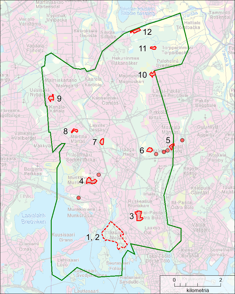 Kuva 2. Keväällä 2014 todetut liito-oravan elinpiirien ydinalueet Helsingissä (punaiset rajaukset, numerointi sama kuin tekstissä). Meilahdessa on kaksi liito-oravan ydinaluetta (kohteet 1 ja 2).