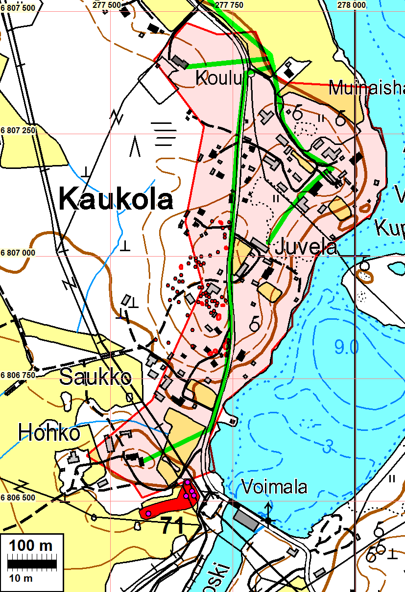 Muinaisjäännösrekisterin aluerajaus punaisella. Punaisina palloina ja täplinä Pirkanmaan Maakuntamuseon v.