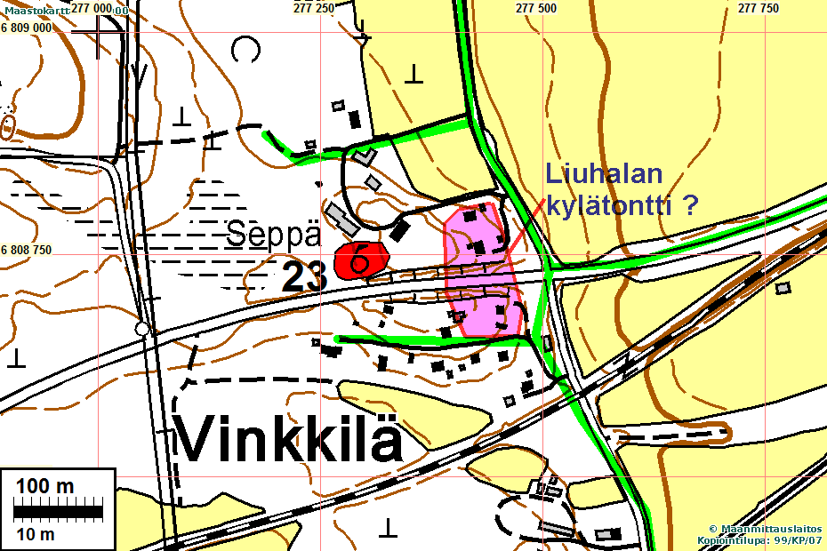 13 Ilmakuva s. 20. Röykkiöt matalia eikä kaikkia havaittu. Vesihuoltolinjalla ei röykkiöitä. Paikan itäpuolella on sijainnut Liuhalan vanha kylätontti. 24 VINKKILÄN SAHA Mjtunnus: 912010024 Rauh.